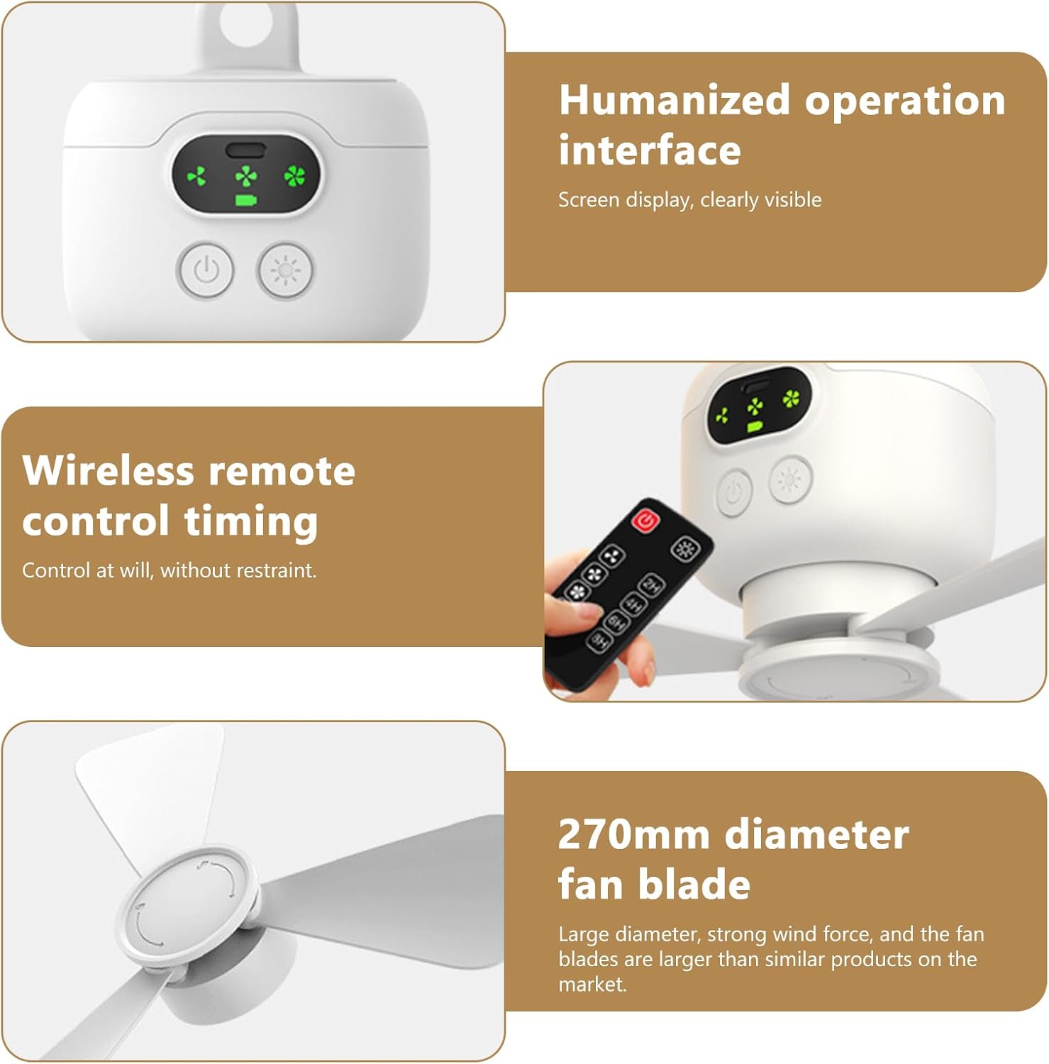 Portable Ceiling Camping Fan with Light – 8000mAh Battery, Remote Control Timer