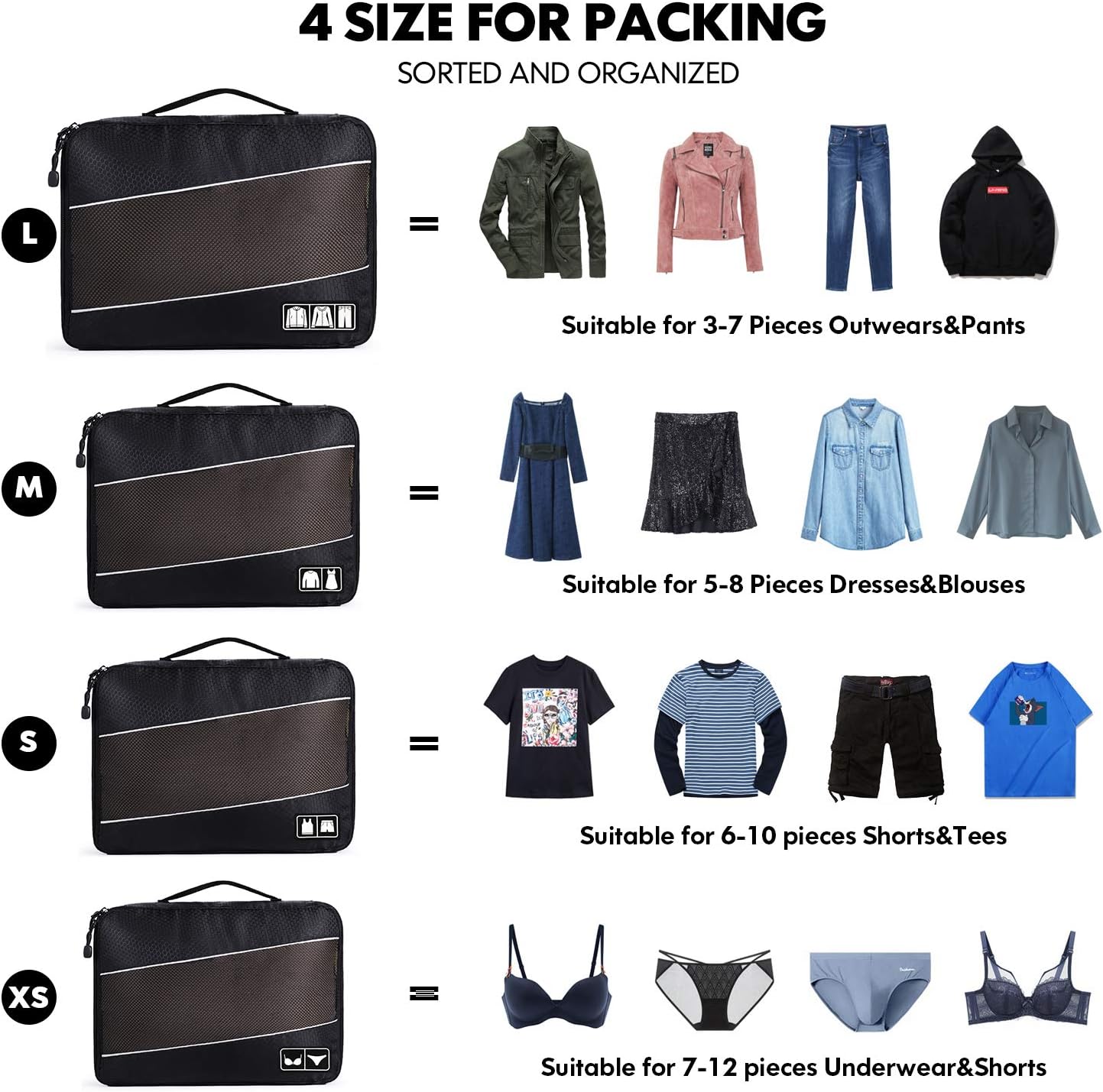 Packing Cubes Nylon Travel Organizer Bag Black - 4 Pack