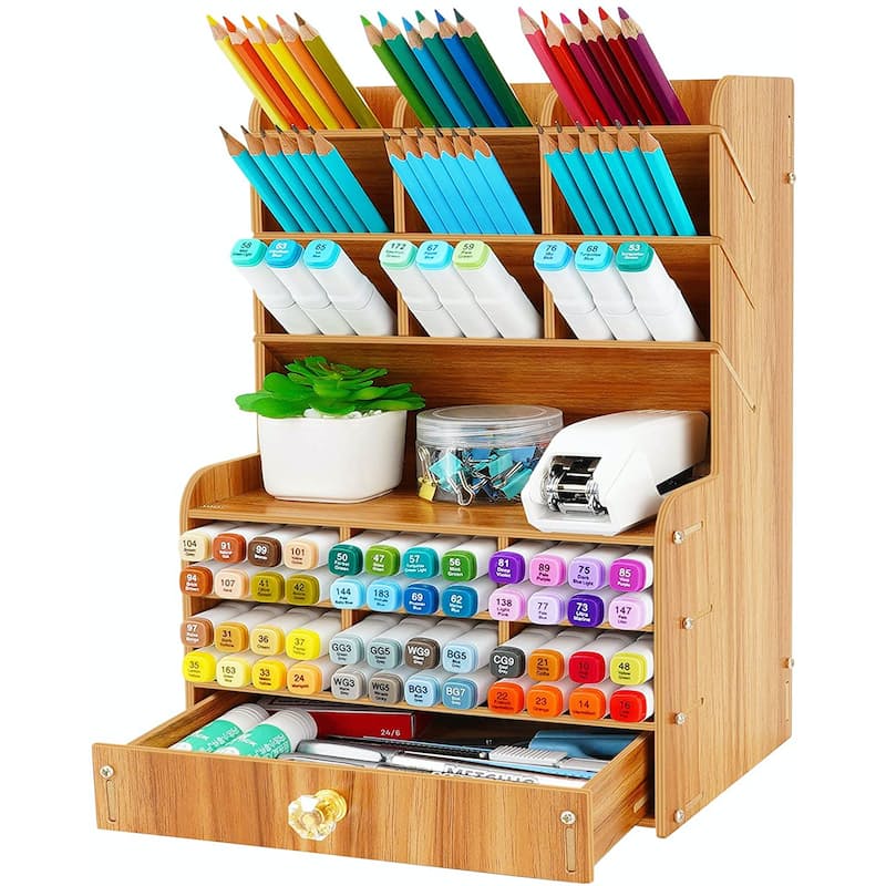17 Compartment Wooden Desktop Stationery Organiser