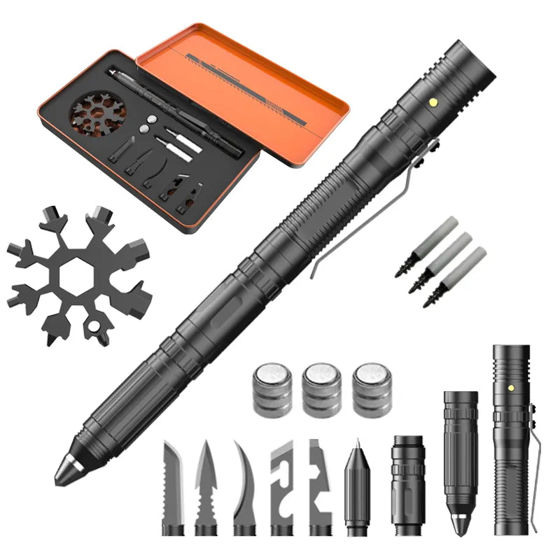 TactiPro 16-in-1 Multifunctional Tool Set – Tactical Pen, Snowflake Tool, Flashlight and More