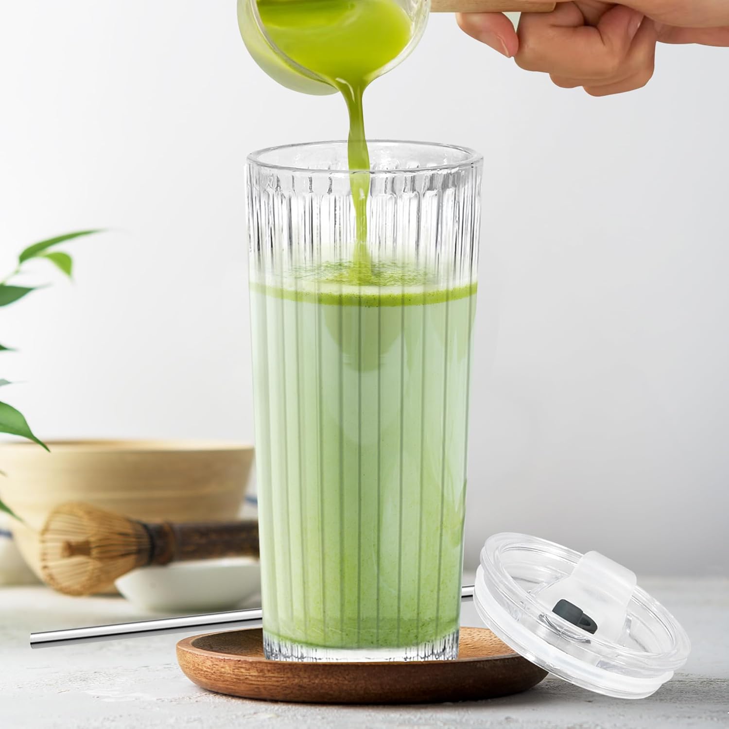 Ribbed Glass Tumbler with Lid and Straw – Leak-Proof, Reusable, Stylish