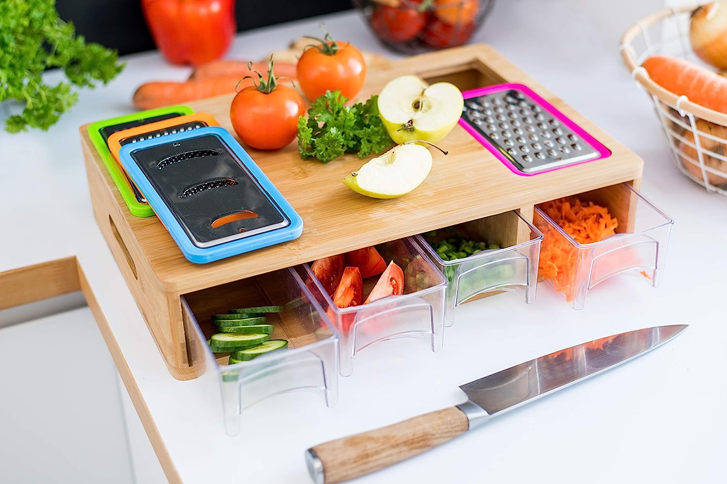 Clean House - Bamboo Chopping Board with 4 Storage Containers & 4 Graters