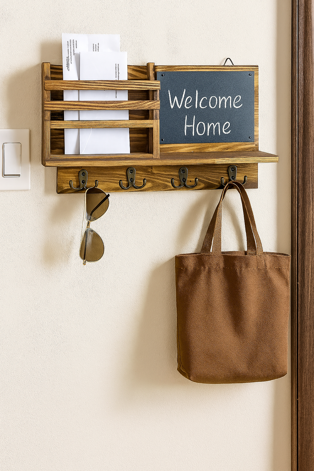 Rustic Wooden Mail Key Holder with Chalkboard