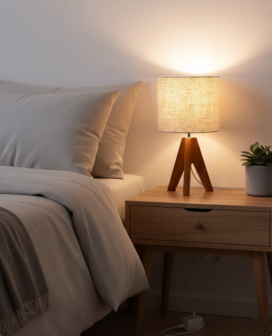 Tripod Table Lamp – Small Bedside Lamp with Linen Beige Lampshade, USB Powered, Dimmable