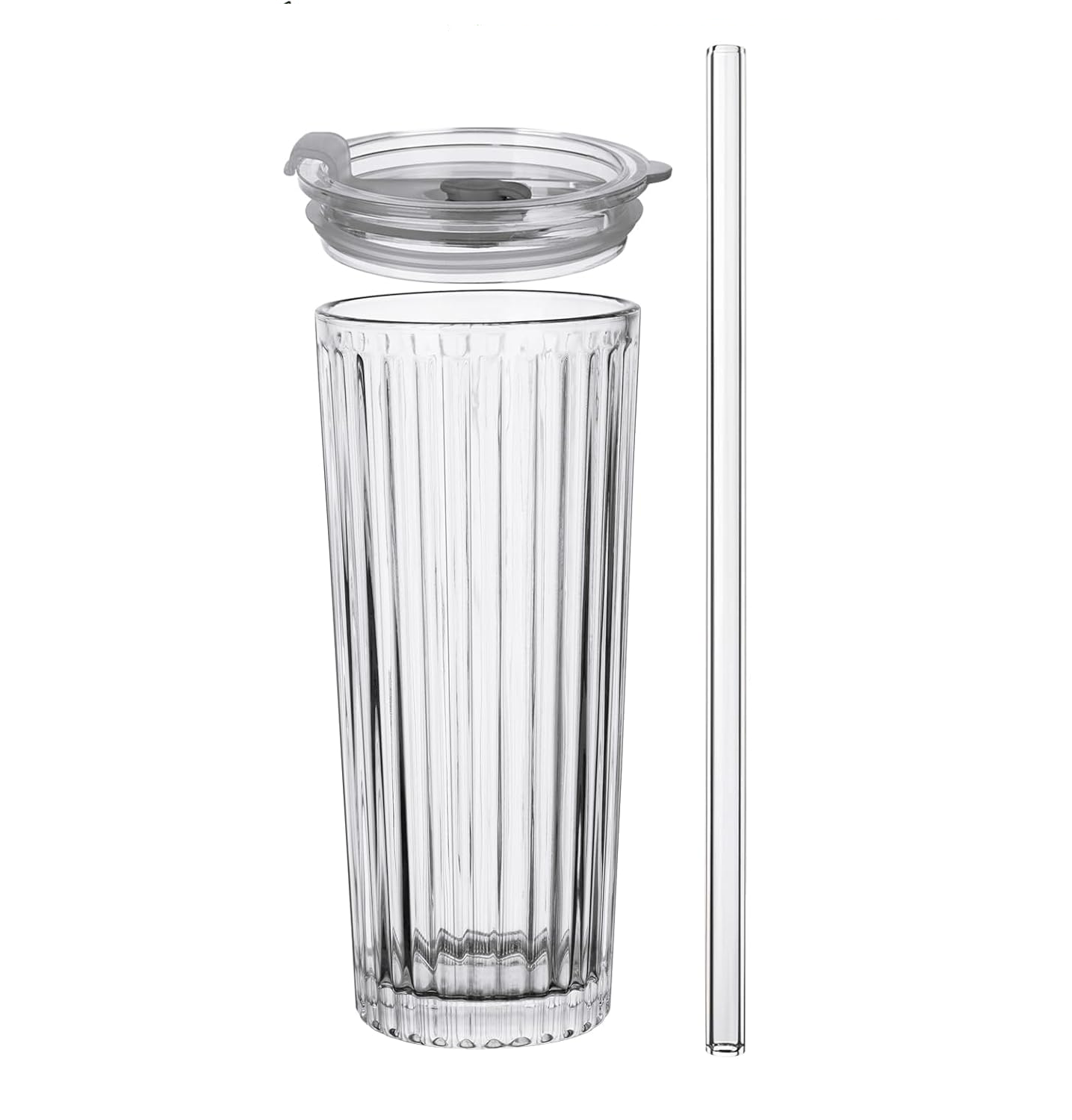 Ribbed Glass Tumbler with Lid and Straw – Leak-Proof, Reusable, Stylish