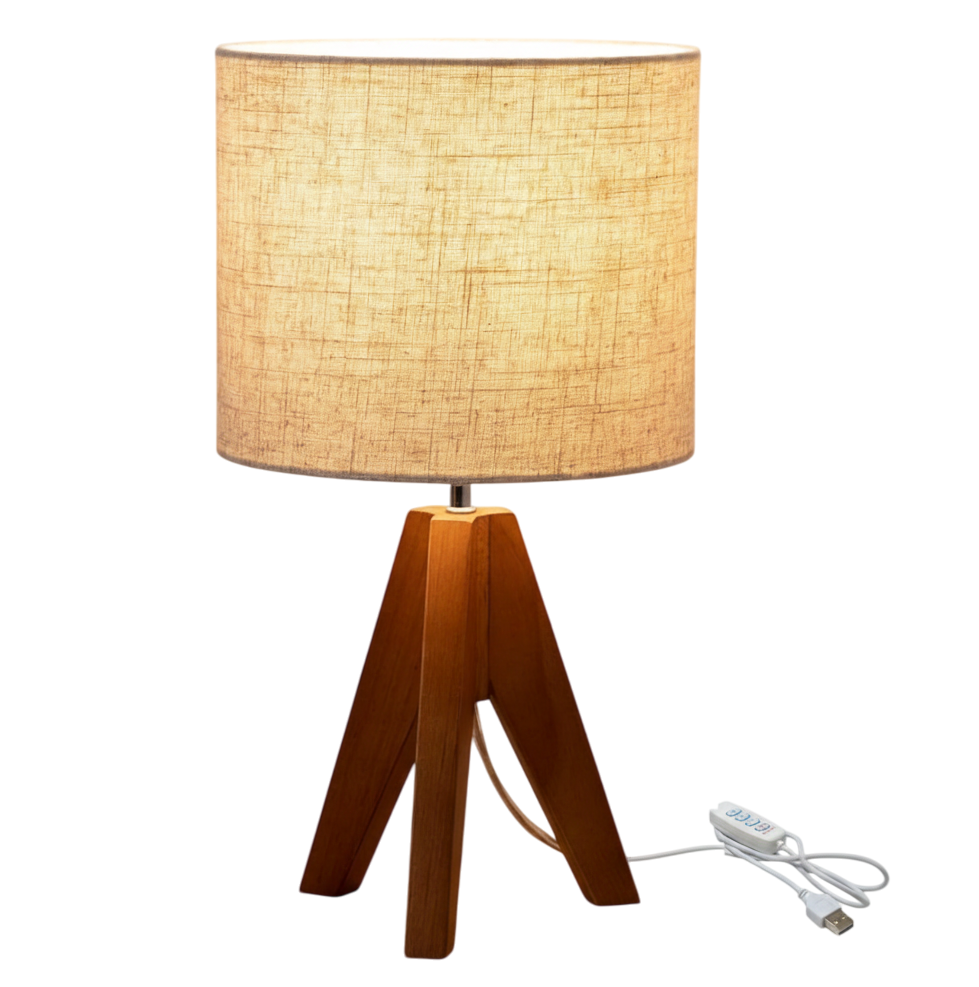 Tripod Table Lamp – Small Bedside Lamp with Linen Beige Lampshade, USB Powered, Dimmable
